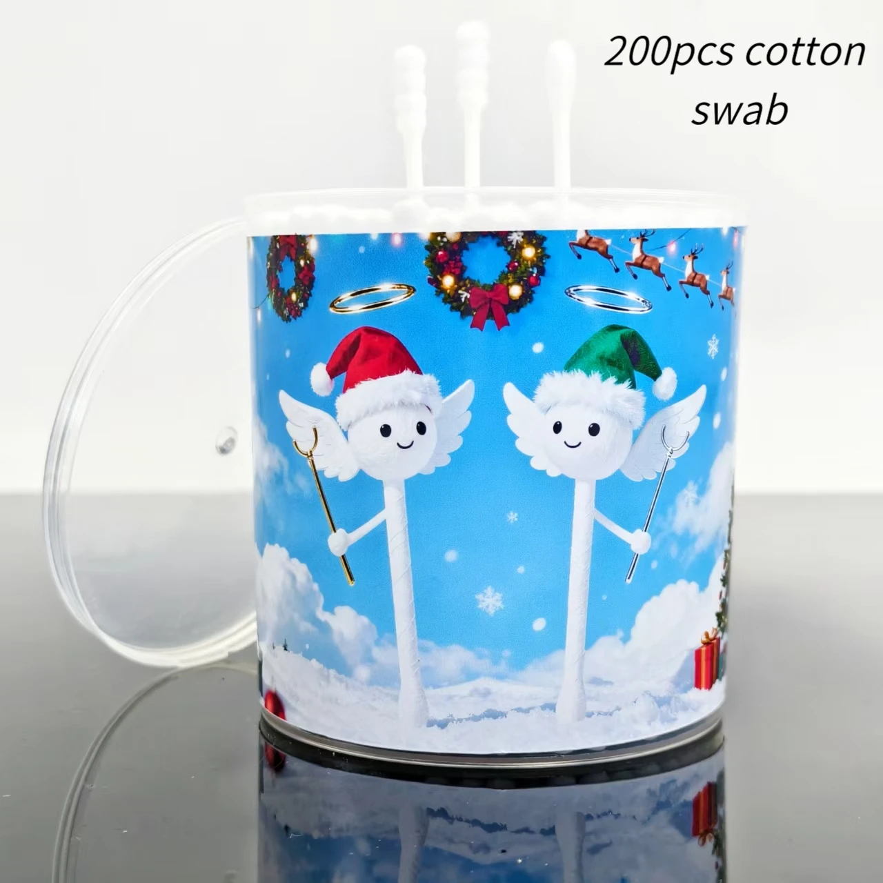 Tamponi di cotone modello singolo cappello natalizio da 200 pezzi, tamponi di cotone regalo per le vacanze con testa a vite bianca