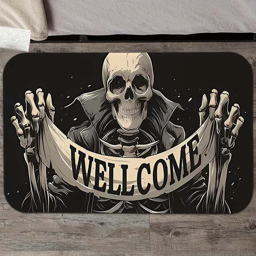 VIKAMA Dark Skeleton Doormat Vintage Welcome Banner Non Slip Durable Entrance Mat Indoor Entryway Front Door Floor Carpet