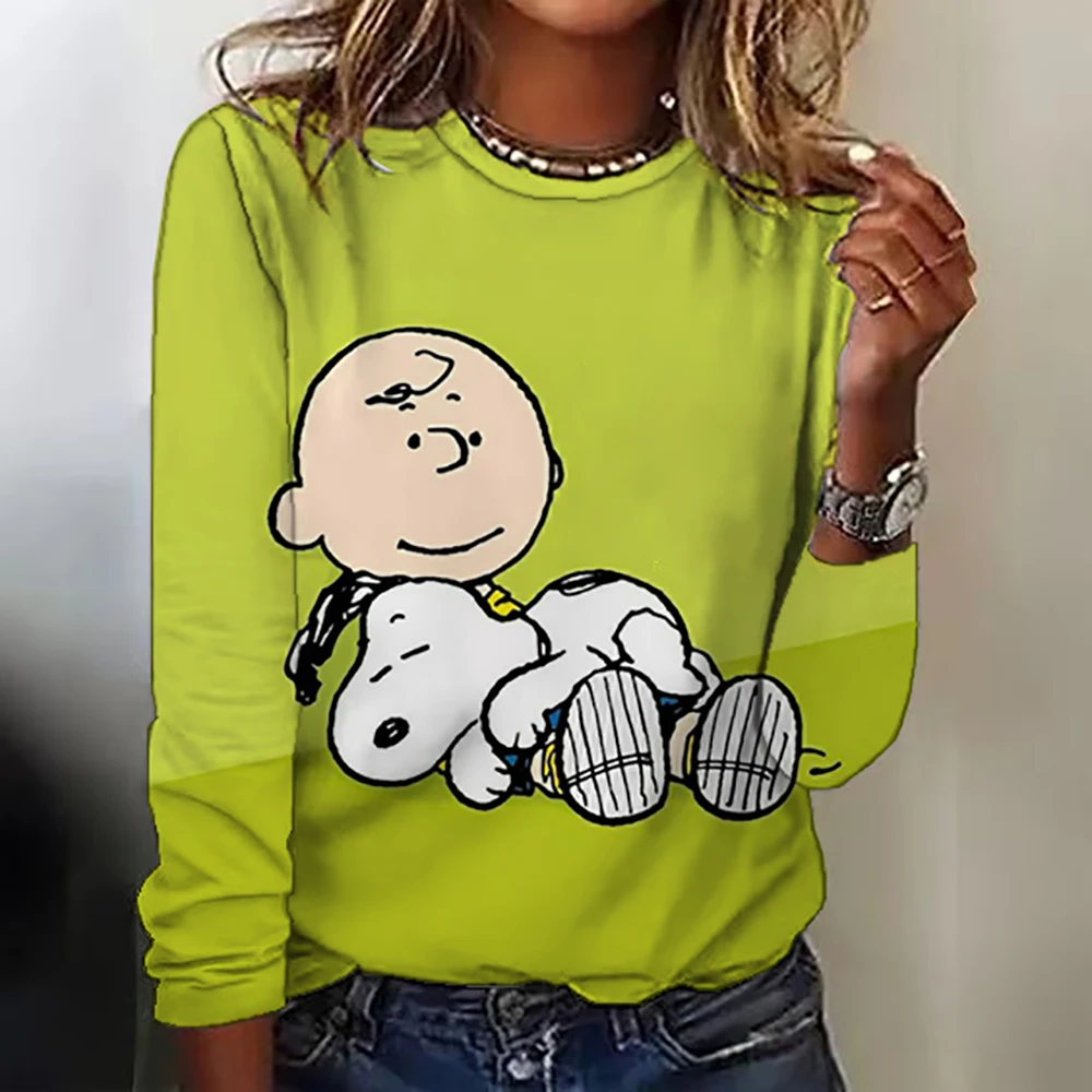 Snoopy print retro oversized T-shirt for women\'s fashion autumn basic Y2k top 2024 women\'s long sleeved T-shirt