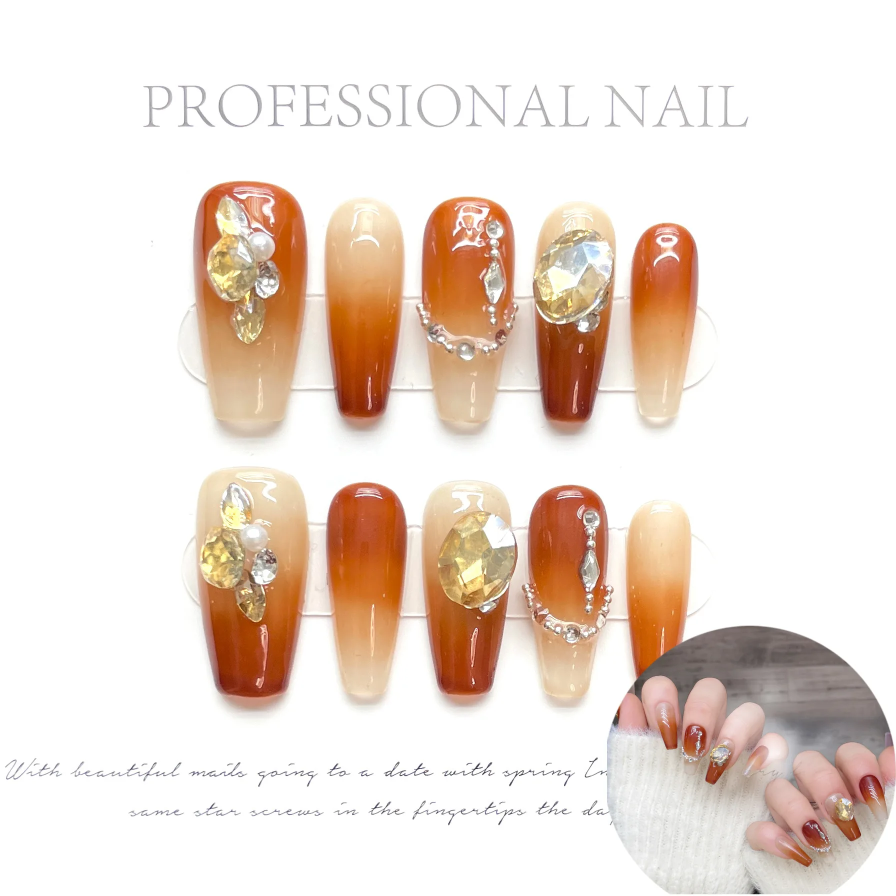 10pcs Handmade Press On NailsWarm Orange Gradient with Rhinestones Vintage Elegant Full Cover Wearable Artificial Nail Tip