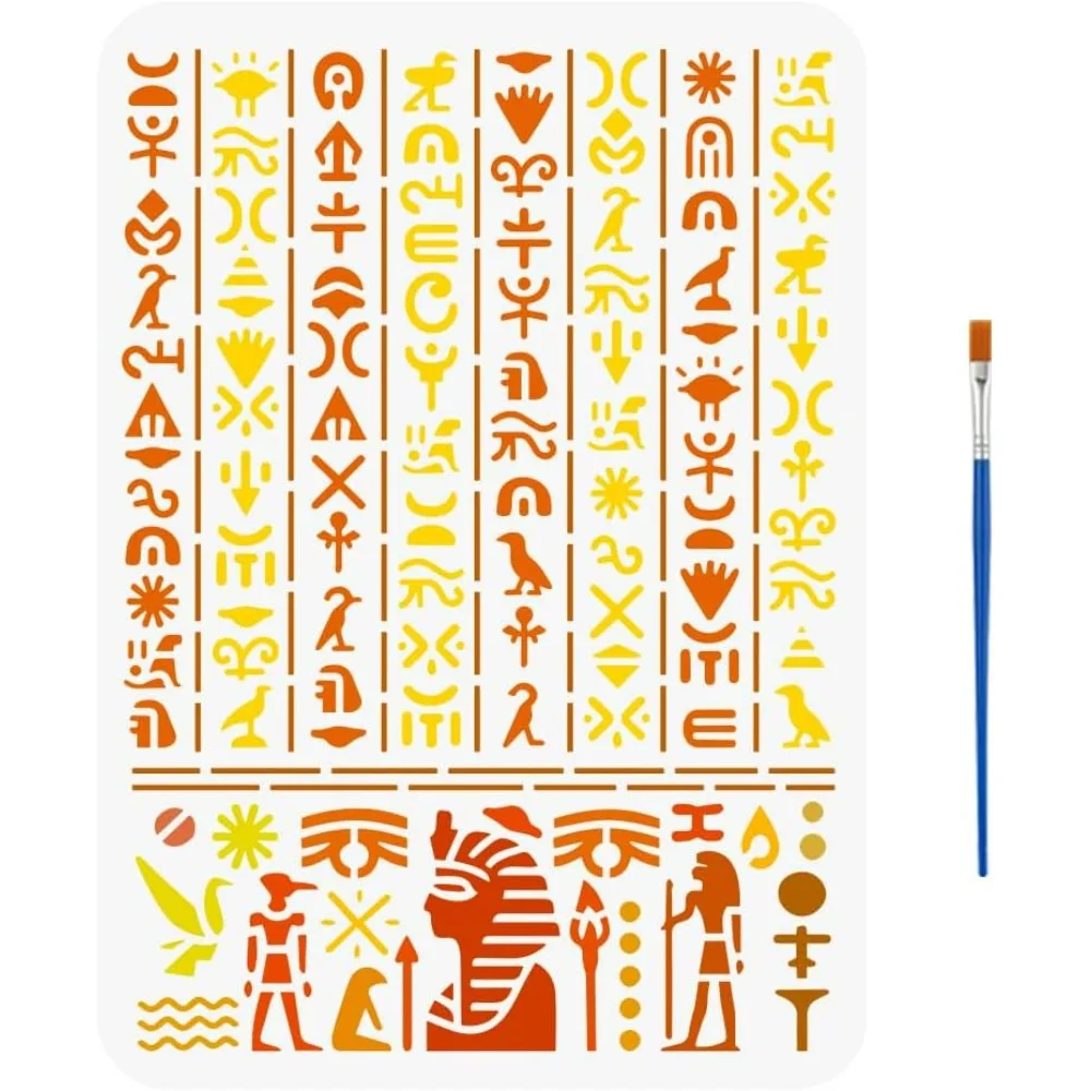 Ancient Egyptian Script Stencil with a Paint Brush 11.7x8.3Inch Egyptian Symbol Stencil Hieroglyphs for Wall Tiles Floor