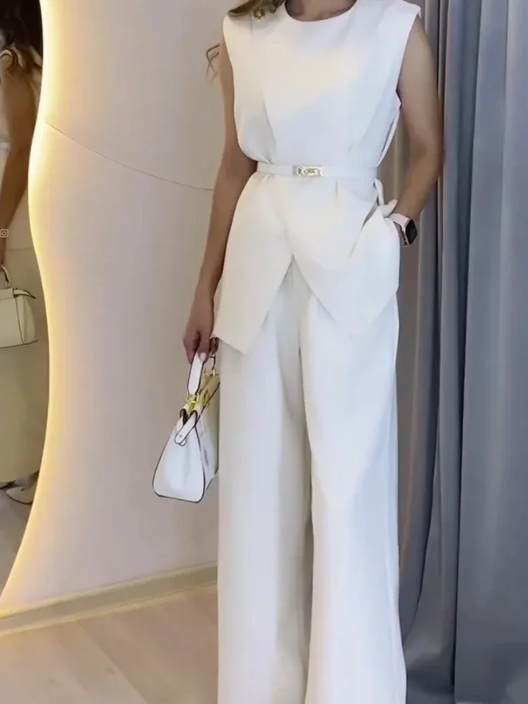 Round Neck Belt Sleeveless White High Waist Tops Solid Color Wide Leg Long Pants Slim Fit Elegant Two Piece Sets Women Pants Set