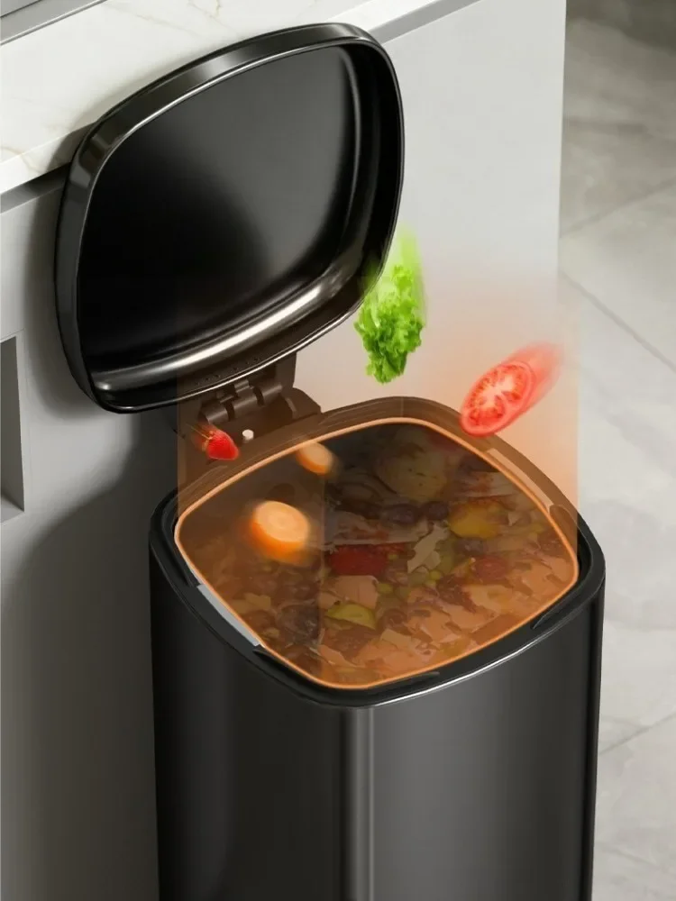 Kitchen Pedal Trash Can Stainless Steel Food Waste Container Large Kitchen Garbage Cans Minimalist Double Anti Odor Trash Bin