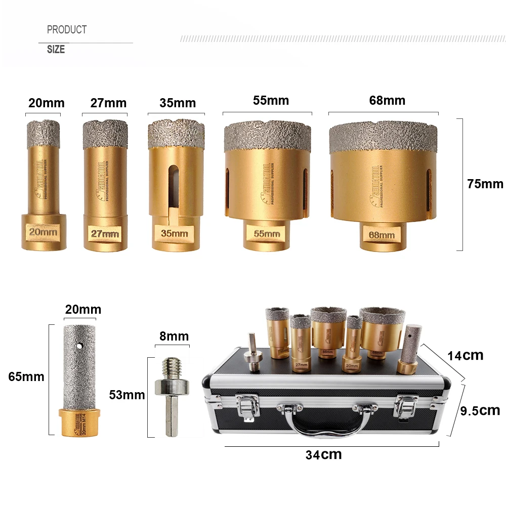 SHDIATOOL 7 pezzi Dia20/27/35/55/68mm punte diamantate + corona di fresatura da 20mm + adattatore esagonale M14 Kit sega a tazza in ceramica di marmo