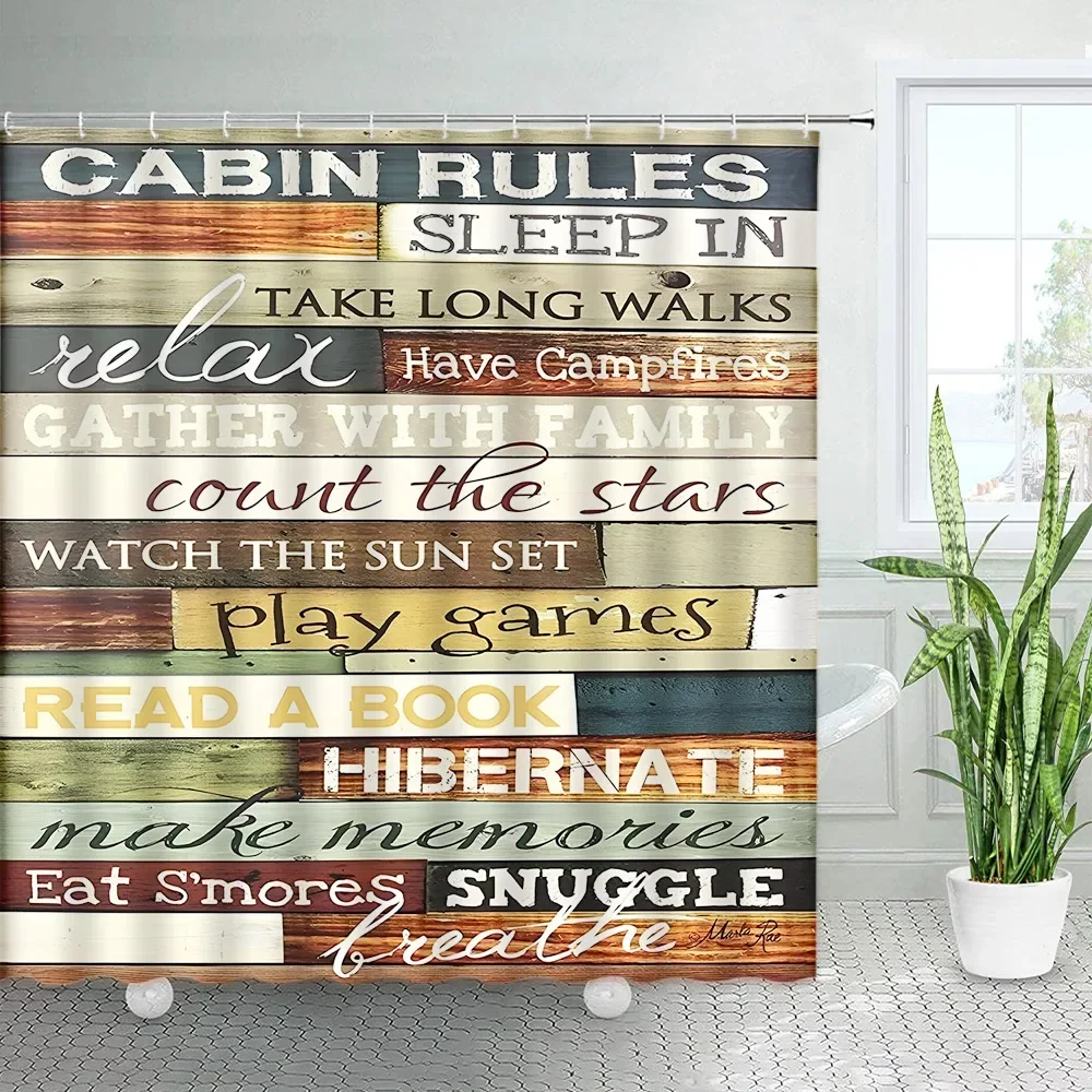 Vintage Old Wooden Board Shower Curtains Lake Rules Famous Quotes Aphorism Print Creative Design Retro Bathroom Decor Set Fabric