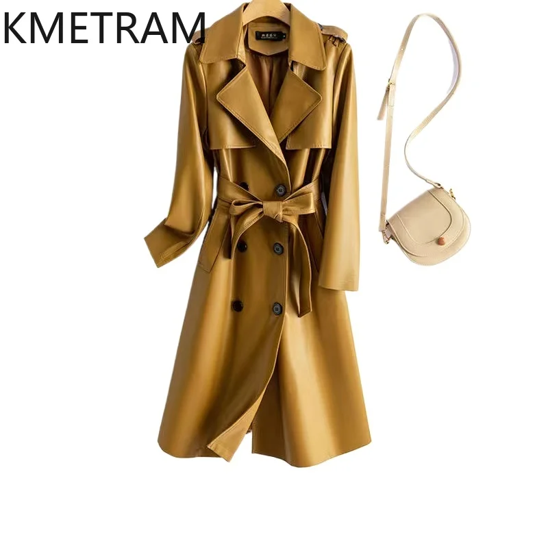 KMETRAM-Jaquetas de couro de carneiro para mulheres, roupas de comprimento médio, trench coat slim fit, primavera e outono