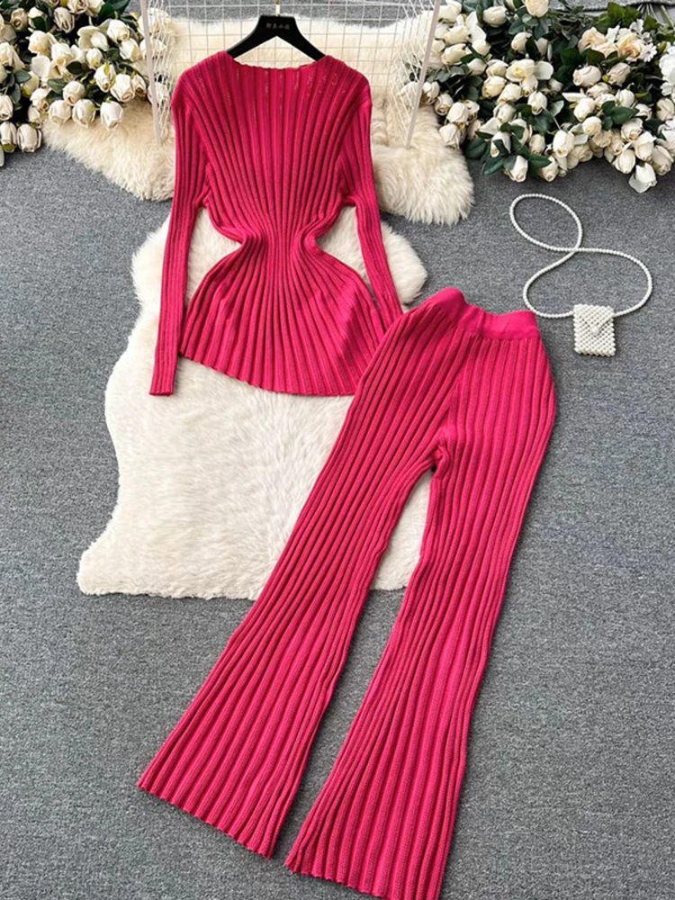 EWQ Women's Sweet Stripes Knitted Irregular Top Elastic Wide Leg Pants Knitted Two-piece Set Y2k Fashion Autumn 2024 SM11440