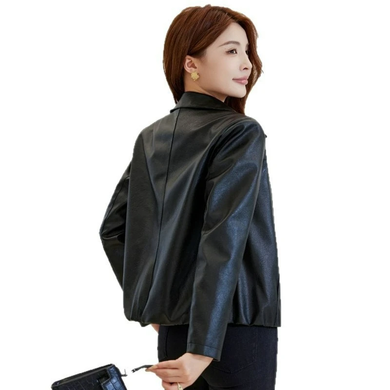 2026 Spring Autumn New Single-breasted Leather Jacket Single-lining Leather Women Slimming Motorcycle Women Short Leather Coat