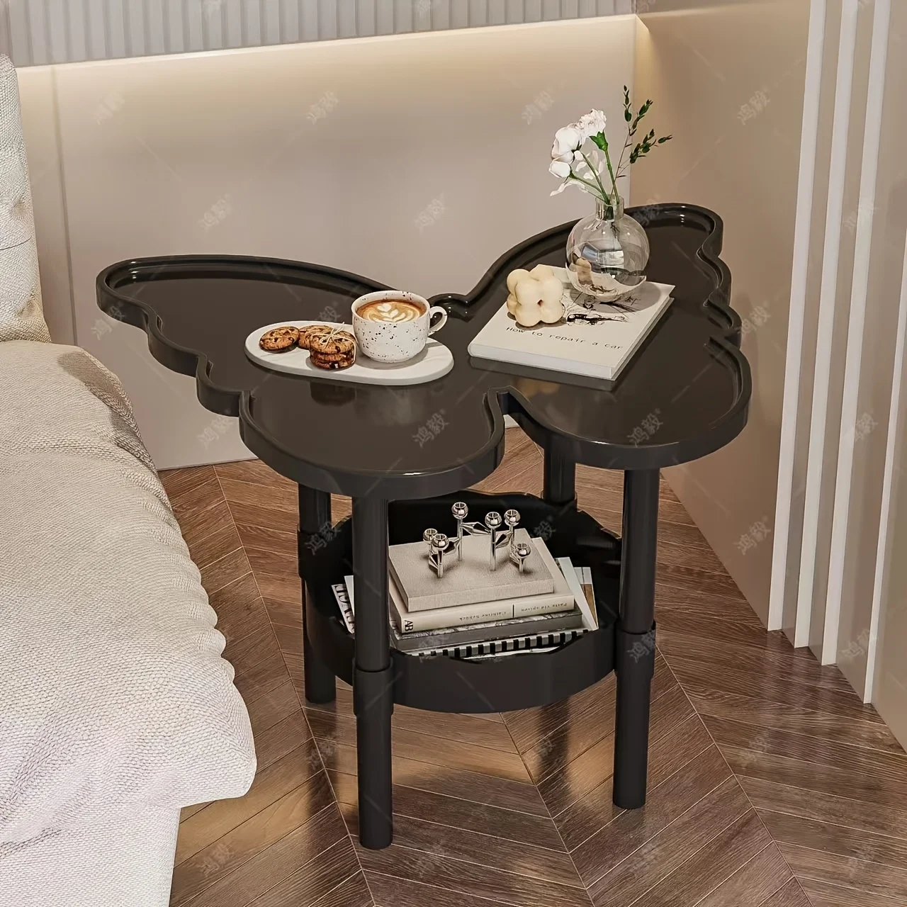 Butterfly Shaped 2-Tier Side Table, Double Storage Nightstand, Portable Assembly End Table, Curved Small Coffee Side Desk For Bedroom Living Room Balcony Garden Poolside image 3