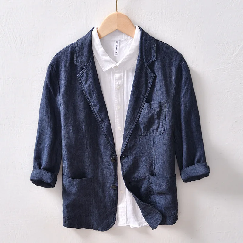 Three Quarter Sleeve Men's Breathable Linen Coat Business Casual Thin Suits Premium Quality Multi-Pocket Simple Basic White Tops