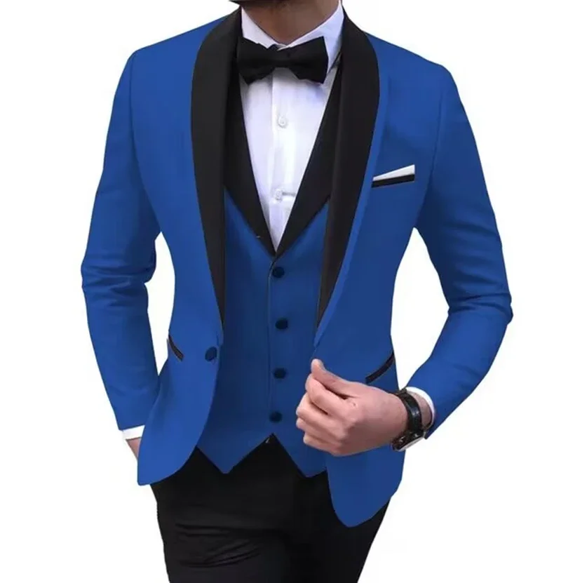 Solid Men\'s 3 Pieces Wedding Suit One Button Shawl Lapel Jacket Vest Pants Dinner Groom Tuxedos Slim Fit Formal Business Suits