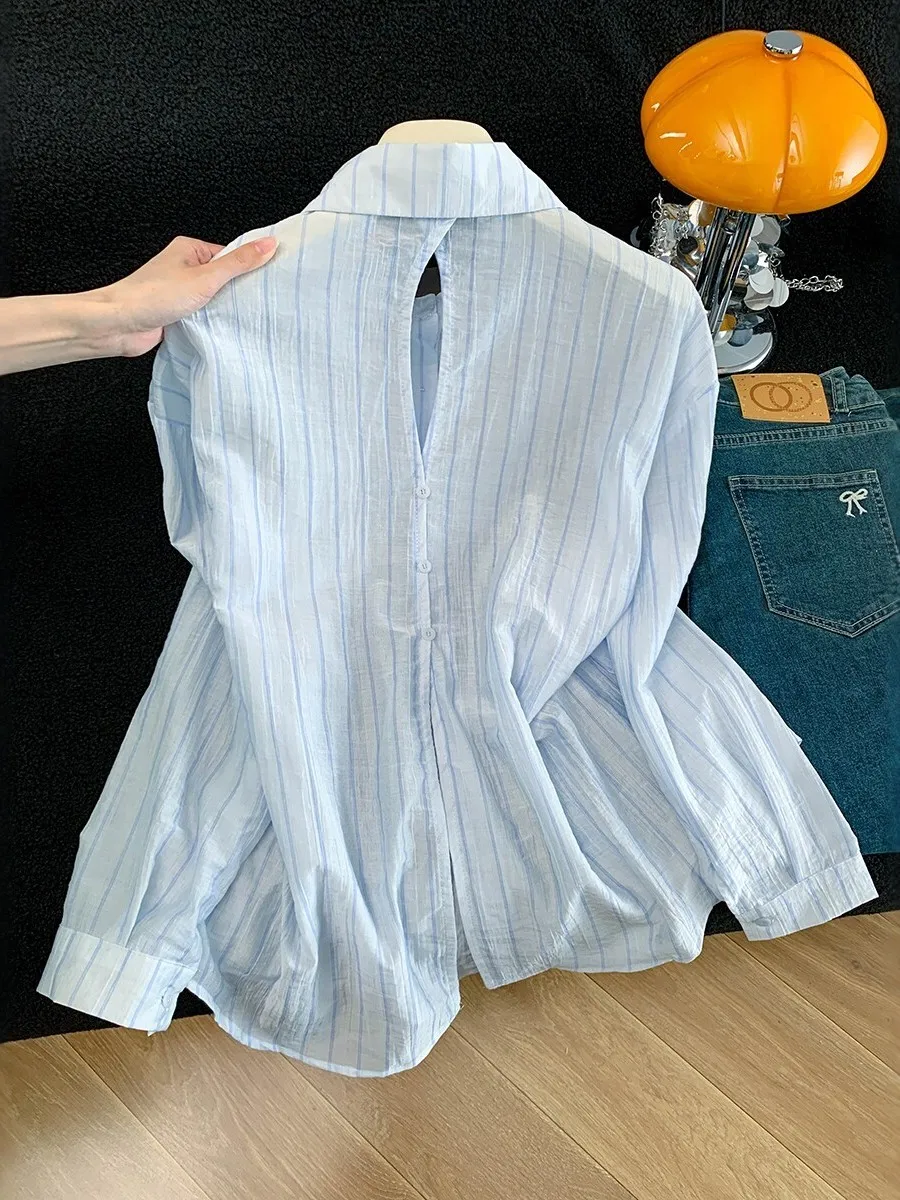 

Blue Striped Collar Long Sleeve Women's Shirt Summer Thin Outerwear Loose Slim Fit Hollow out Slit Sun Protection Open C...
