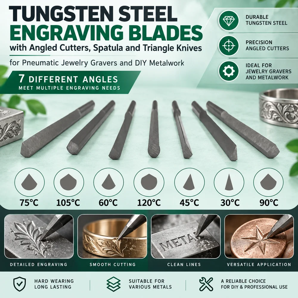 Tungsten Steel Engraving Blades with Angled Cutters, Spatula and Triangle Knives for Pneumatic Jewelry Gravers and DIY Metalwork