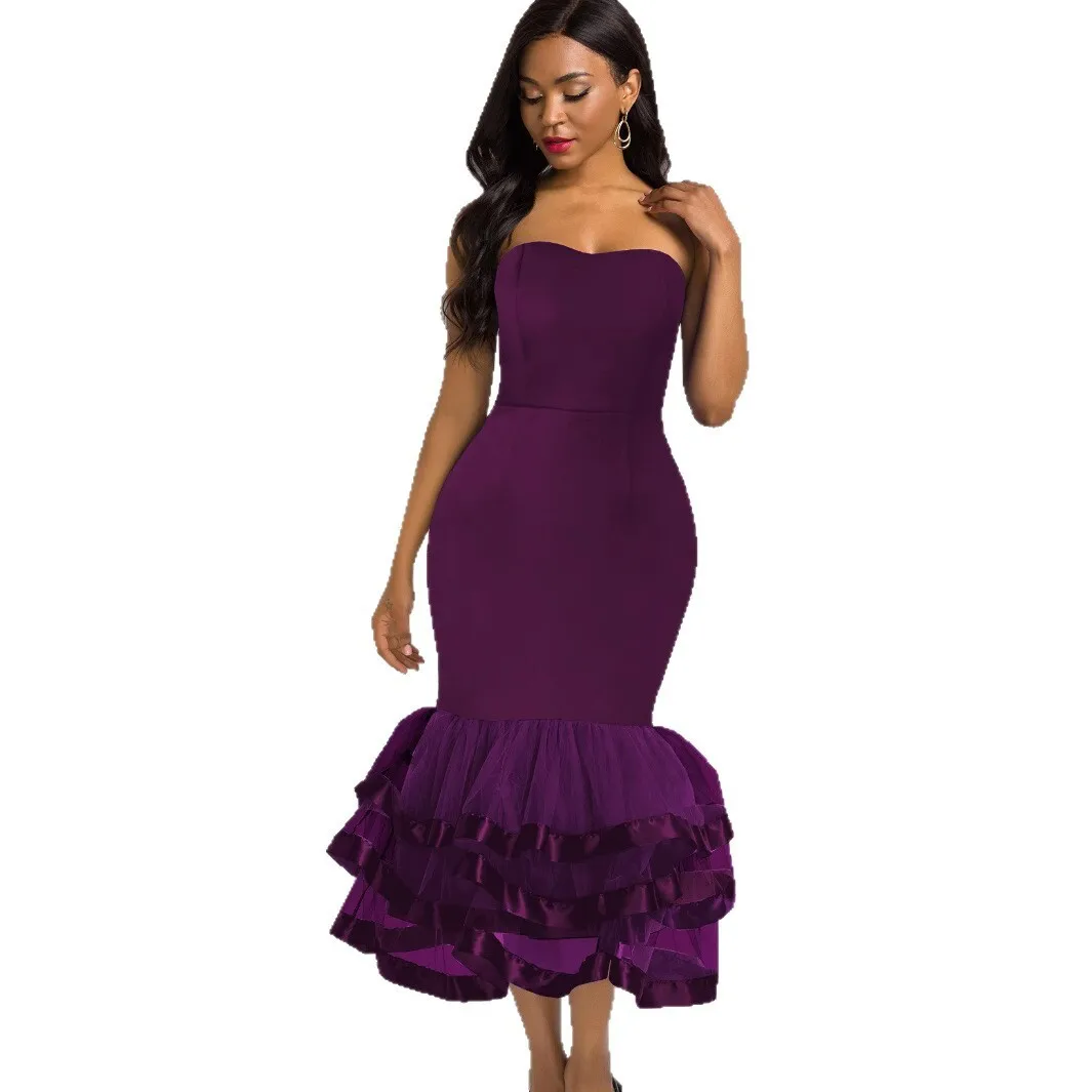 A41453 Straplessตาข่ายBodyconชุดหลายสีตัวเลือกเค้กMermaid Partyชุดใหม่ในปี 2025 ฤดูร้อนชุดRobe Vestidoผู้หญิง