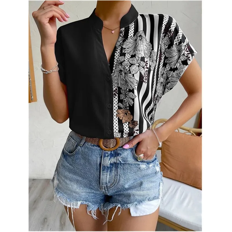 2025 Summer New Women's Double Tone Contrasting Color Shirt 3D Retro Floral Print Casual Top Short Sleeve V-neck Button Up Shirt