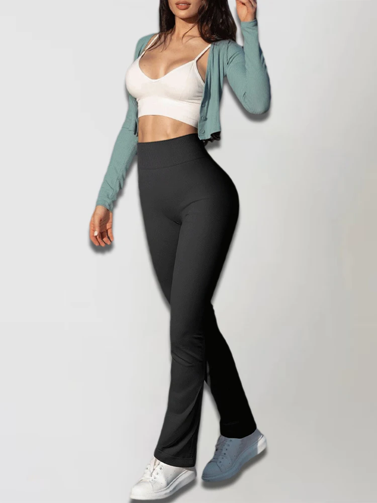 Solid Leggings for Women Seamless Knit Yoga Pants Flared trousers High Waist Hip Liftting Tights Slim Casual Sports Leggings