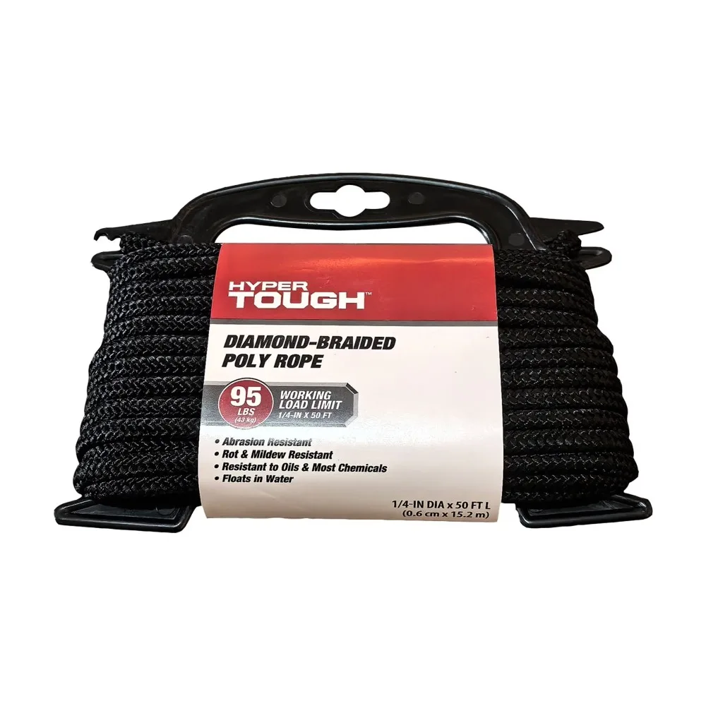 Black Polypropylene Diamond Braid Rope 1/4 Inch Diameter 50 Feet Length for Marine Outdoor Boating Camping Heavy Duty view 2