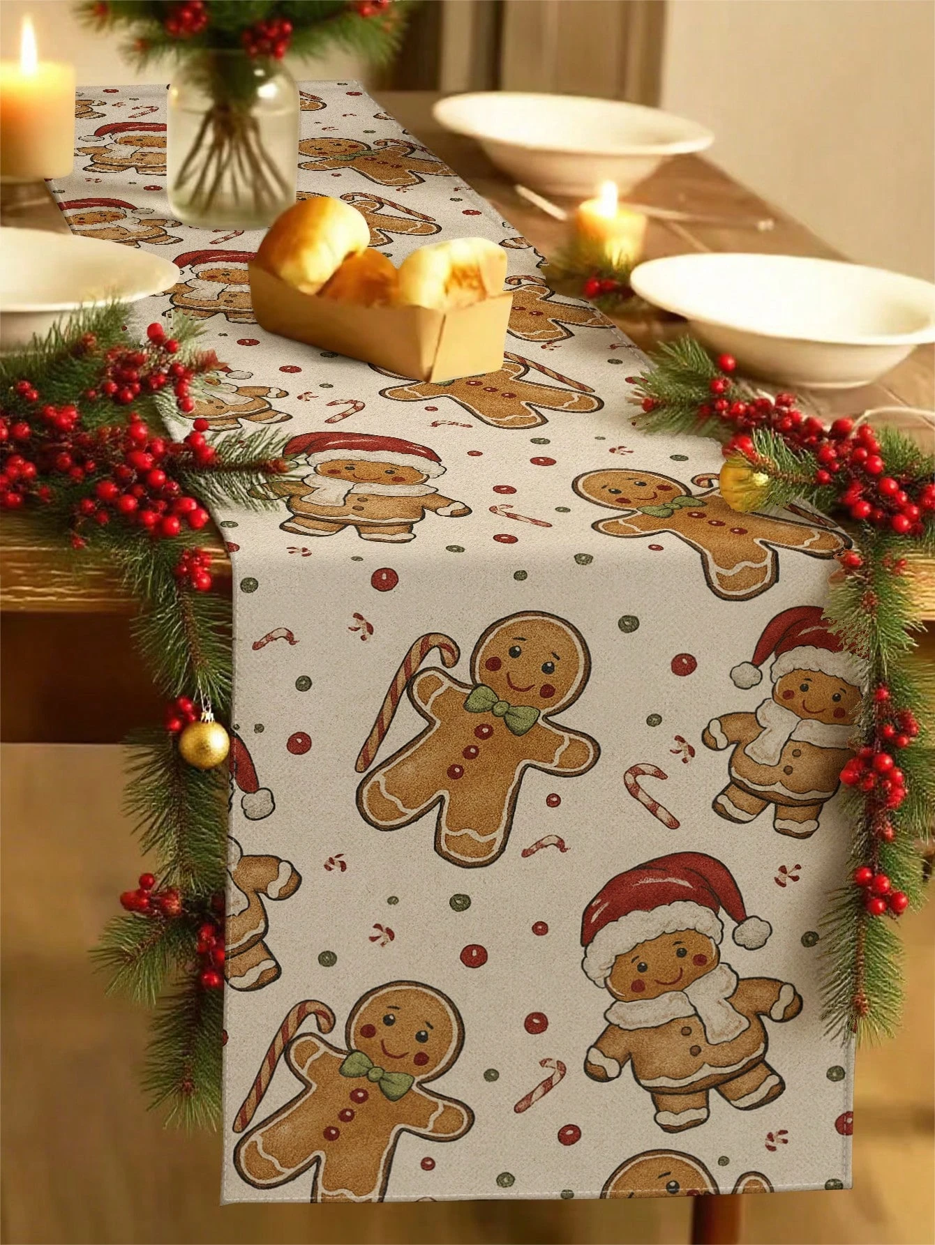 1 Gingerbread Man Christmas Table Runner Festive Cookie Print for Holiday Dining Table Decor Cute Cheerful for Christmas Parties