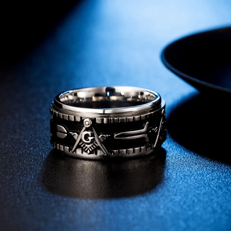 Freimaurerei, geometrische Ringe, drehbar, Titanstahl, großer Herrenring, Modeschmuck – Detail 5