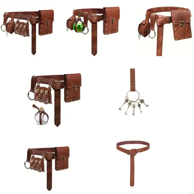 

B95F Leather Belt Fanny Pack Belt Accessories Halloween Party Cosplay Costumes Medieval Knight Costume