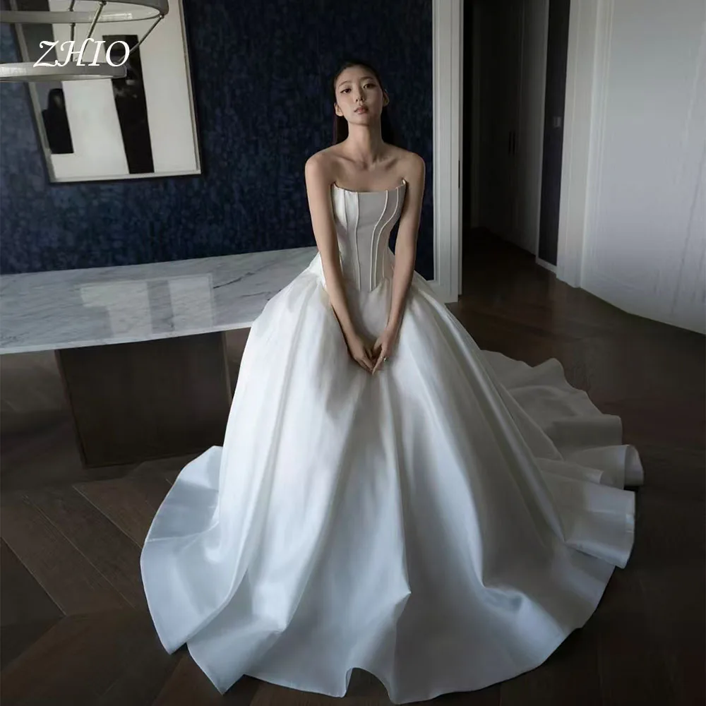 ZHIO فستان حفلات الزفاف الأبيض الأنيق بدون حمالات مشد على شكل حرف a طول الأرض من التفتا كوريا لالتقاط الصور فستان زفاف مخصص