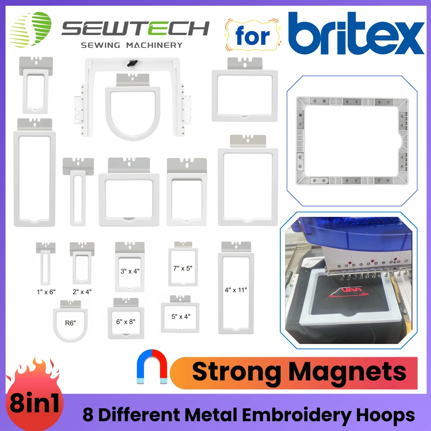 8in1 Strong Magnetic Mighty Hoop Embroidery for Shirt Pockets Sleeves Socks Britex BR3620 BR-1201 BR-1501 Industrial Machine