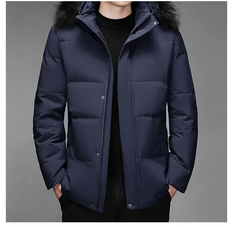 High-end Down Jacket Men's Winter Fashion Classic Wool Collar Hooded White Duck Down Warm Coat Business Middle-aged Short Parka