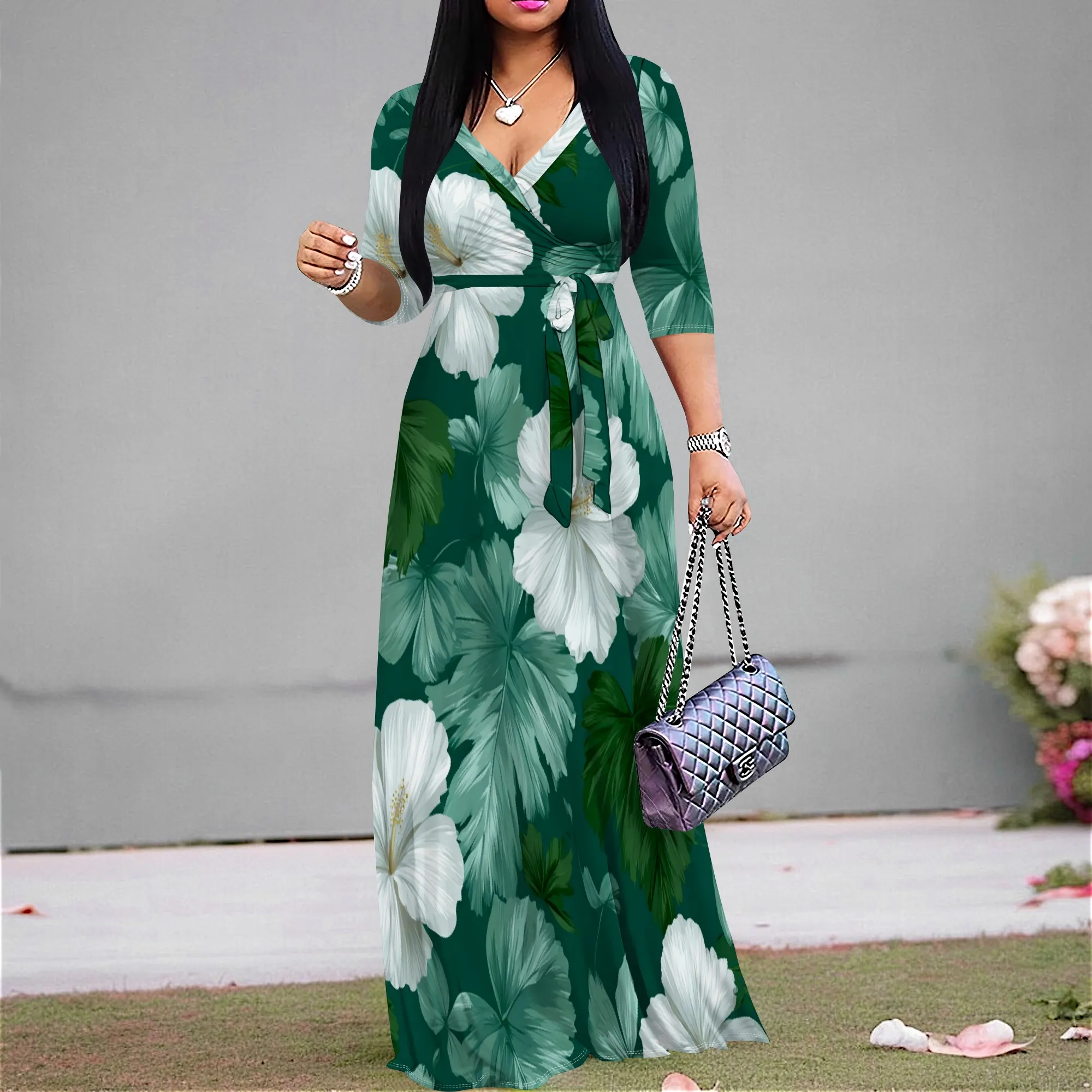 

Green Tropical Floral Maxi Dress Women's V-Neck Wrap Summer Beach Vacation Party Dress XS-3XL