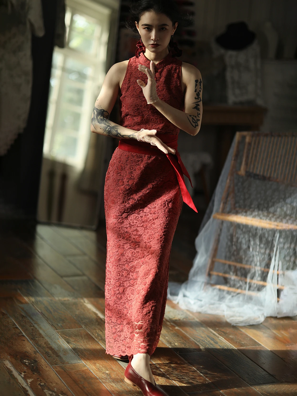 

Красное кружевное платье-ципао Svel Qipao Dr Ninth Cloud, новое китайское женское платье, художественная длинная юбка, хлопок 50%, нейлон 30%, прочее 20%