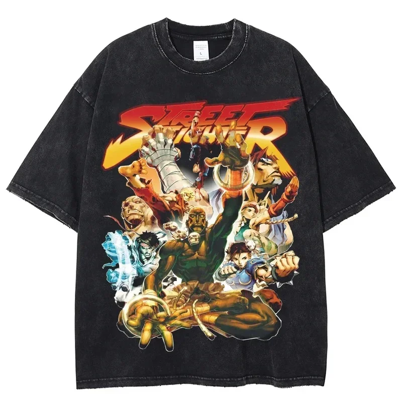 Vintage Washed T-Shirt Street Fighter Mens Hip Hop Oversized Streetwear Short Sleeve Tops Cotton Harajuku Unisex T-Shirt