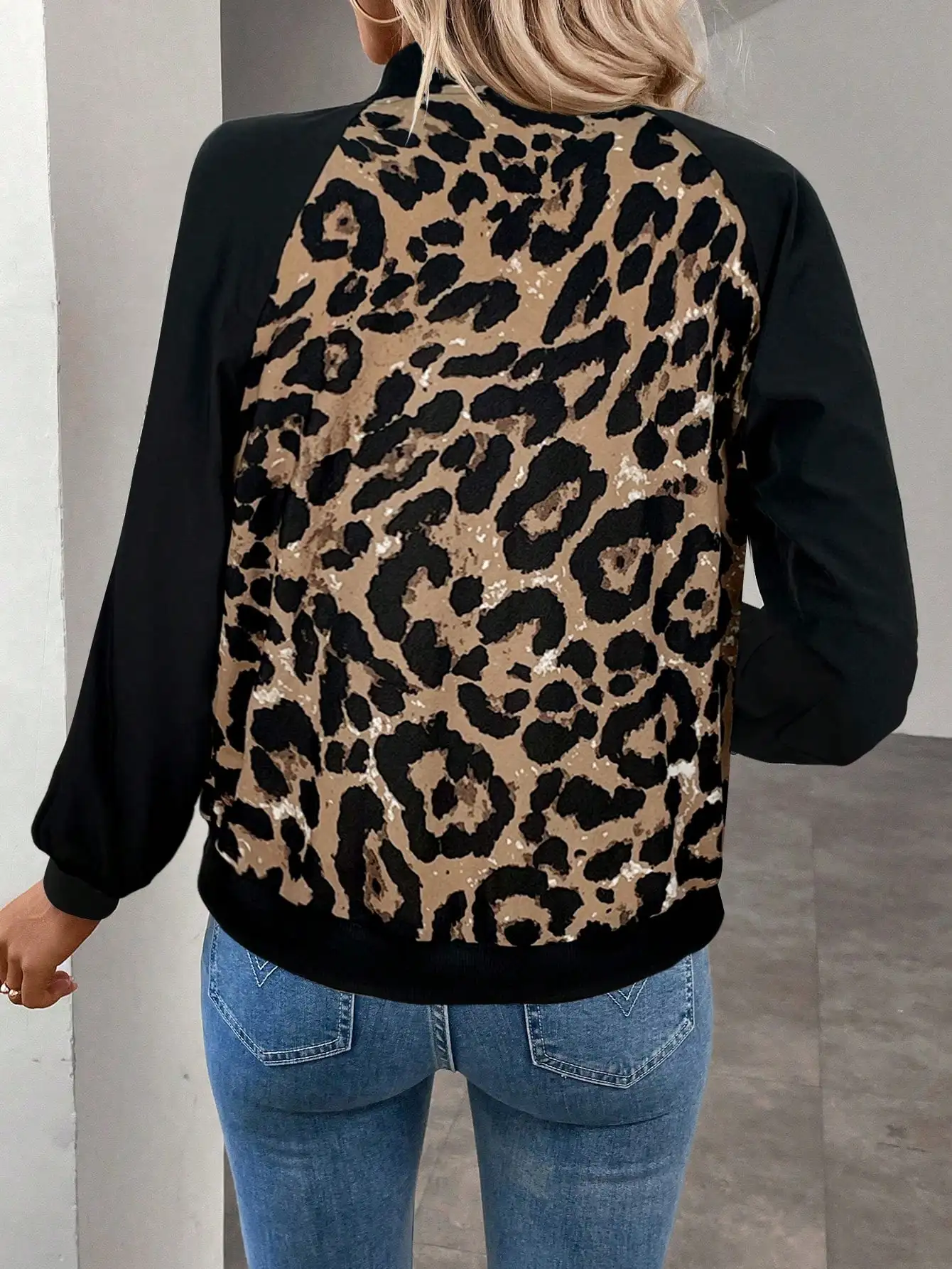 Women's Leopard Print Color Block Raglan Sleeve Er Jacket Zip up Casual Woven Outerwear Autumn 2026