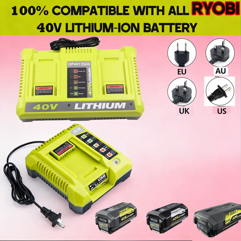 

New 40V Smart Charger for Ryobi OP401 Lithium-Ion Batteries, Fast Charge for All 40V Tools, Dual USB Ports & Protection System