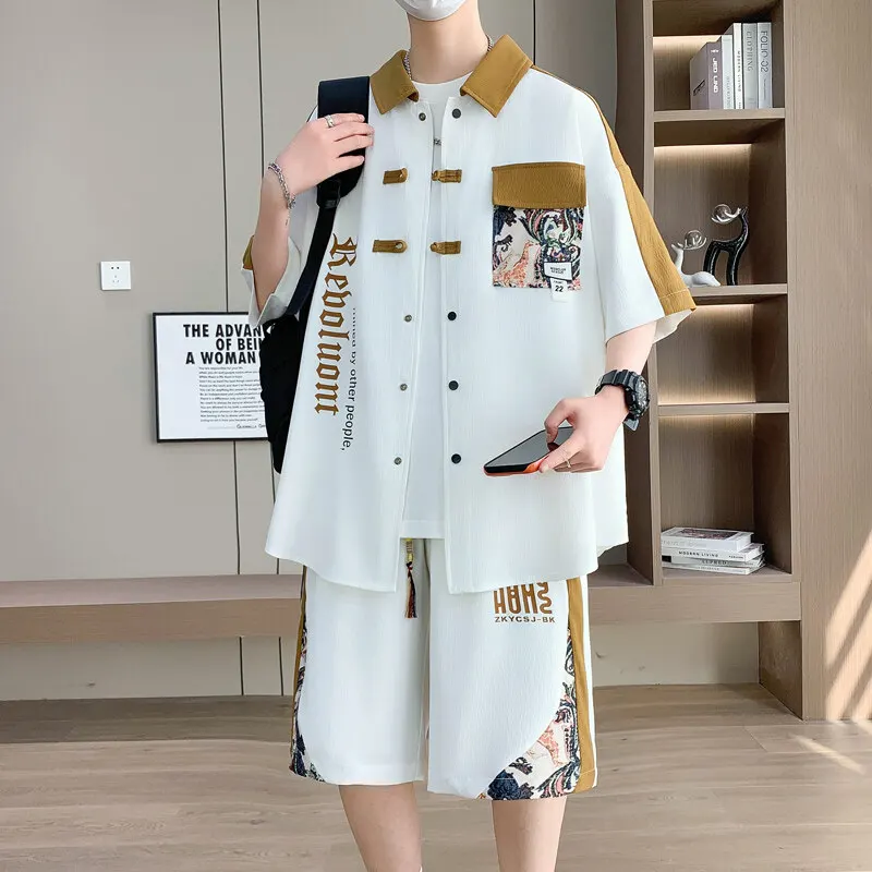 

Summer Men's Set Casual Print Short Sleeve Shirt Shorts 2 Piece sets Loose Fashion High Quality Sweatshirt Suit