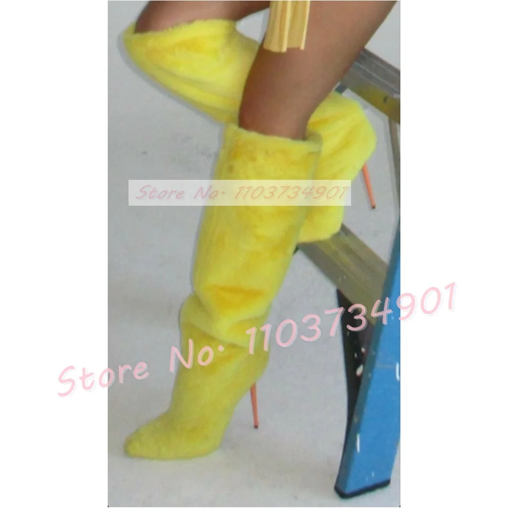 

Yellow Furry Knee High Boots Women Trending Zipper Pointy Toe Stiletto Shoes Ladies Lovely Sexy Solid Flock High Heels Boots