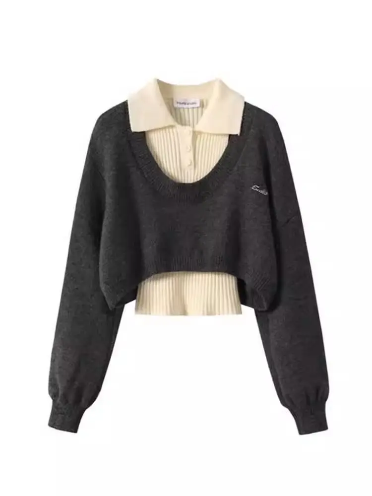 

American Sle ort Ne Knitted Sweater Women's Design Sense Two-Piece Set Top Spring Autumn New Arrival