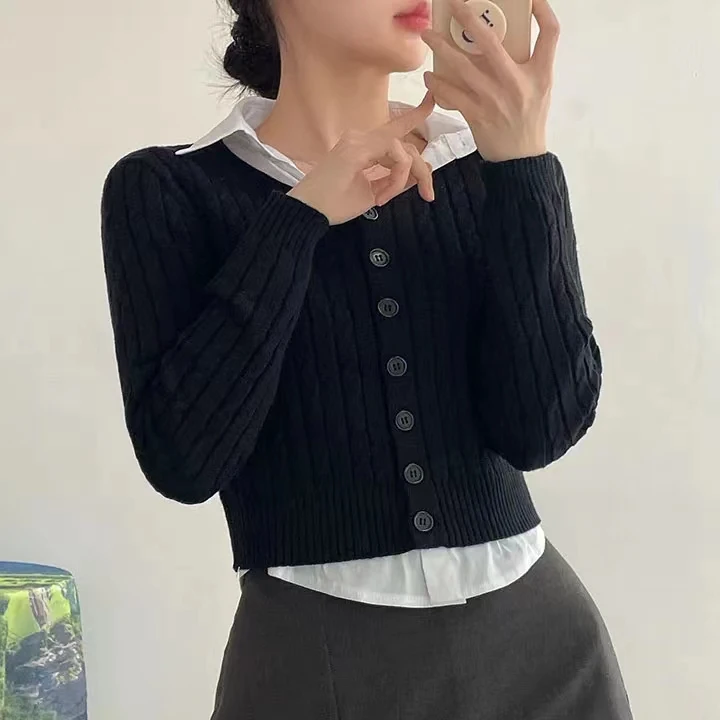 

Женский вязаный свитер, весенне-осенний корейский шикарный простой универсальный утягивающий вязаный топ на одной пуговице, открытый кардиган