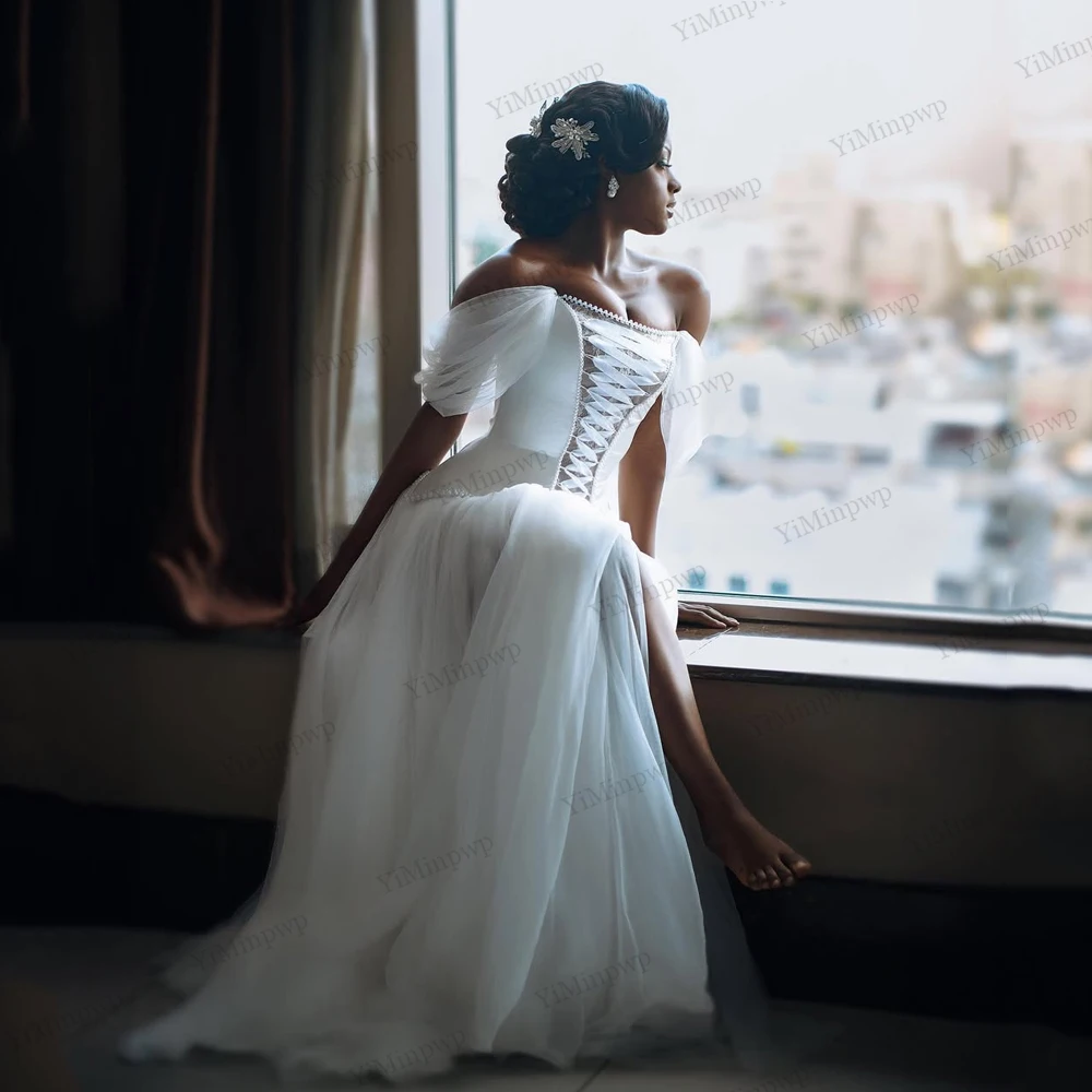 

Ivory Pearls Wedding Shower Dresses Off Shoulder Corset Strapless Lace Aso Ebi Bride Robes Gowns For Black Women Customized