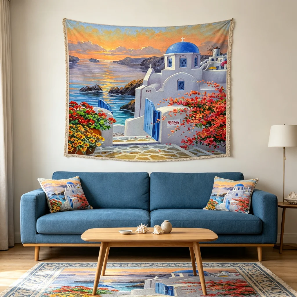 1PC Santorini Sunset Flower Art Print Backdrop Banner, Bedroom Living Room Photo Background, Polyester, Home Decor, Wall Art