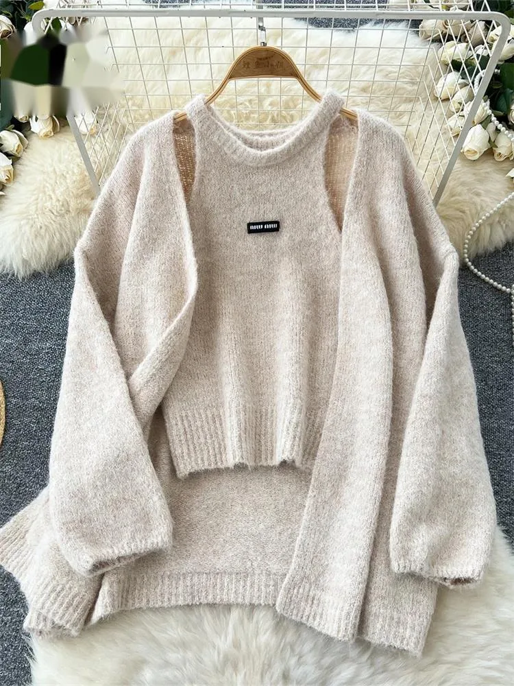 Fashion Solid Cashmere Sweater Long Sleeves Loose Warm Cardigan+Sleeveless Knitting Tank Top Winter Gentle Casual Tops