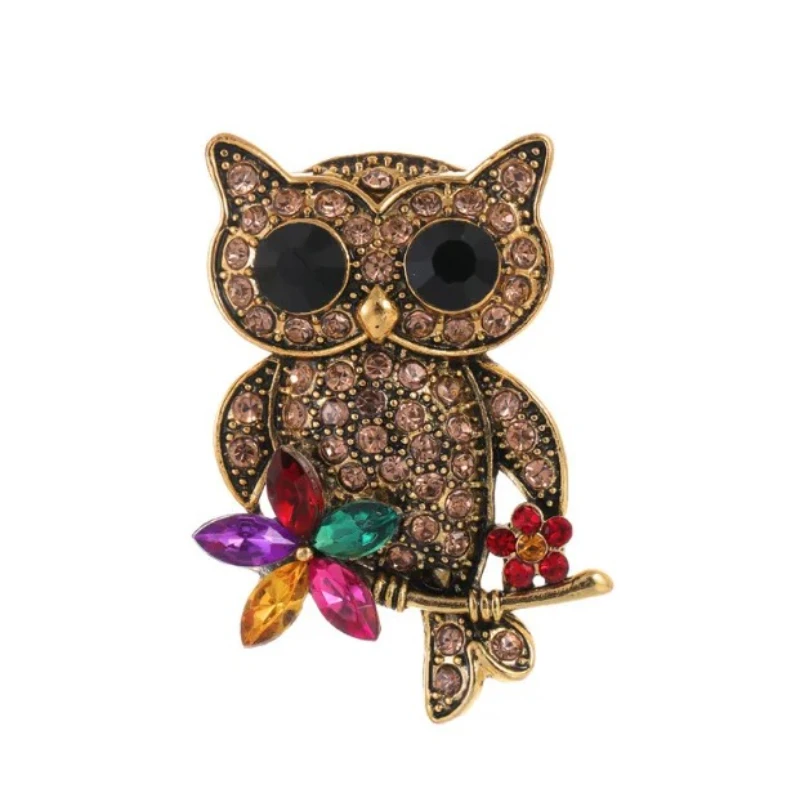 Vintage Owl Brooch with Rhinestone Crystal Flowers, Animal Lapel Pin for Women Men Suit Sweater Corsage Gifts