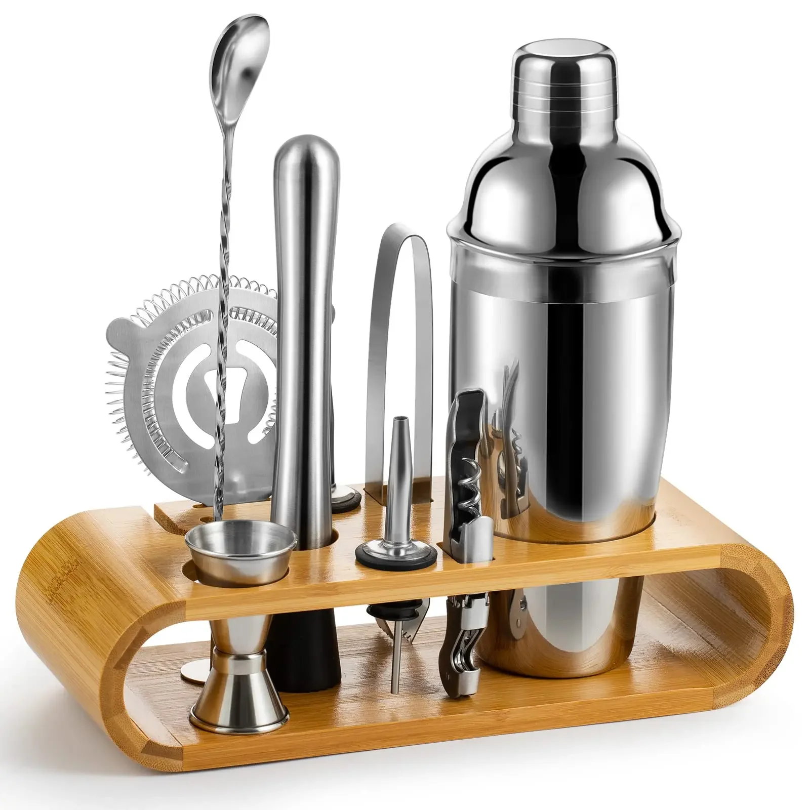 

For 10-piece Cocktail Shaker Set with Bamboo Stand Stainless Steel Craft Bartender Kit for Home Bar Tools Accessories Bourbon Gi