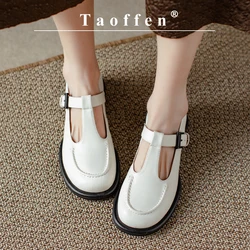 Taoffen Rome Loafers For Women Genuine Leather Square Heel Retro Pumps Casual Round Toe Spring/Autumn Buckle Strap Office Shoes