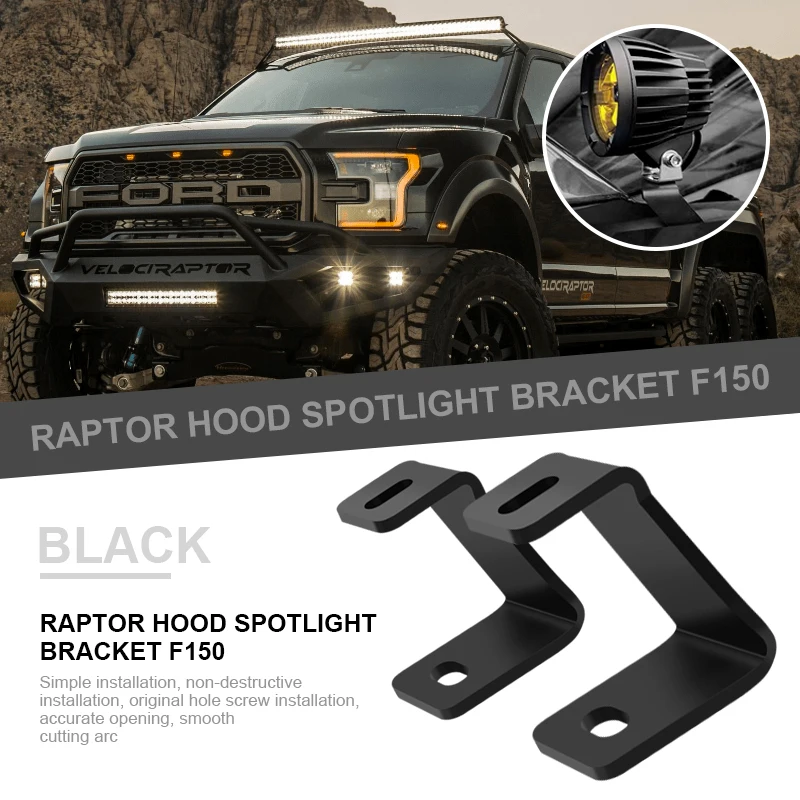 Car Support Upper Hood Ditch Front A-Pillar Hood Hinges LED Work/Square Light Mount Brackets for Ford F150 Raptor 2015-2019