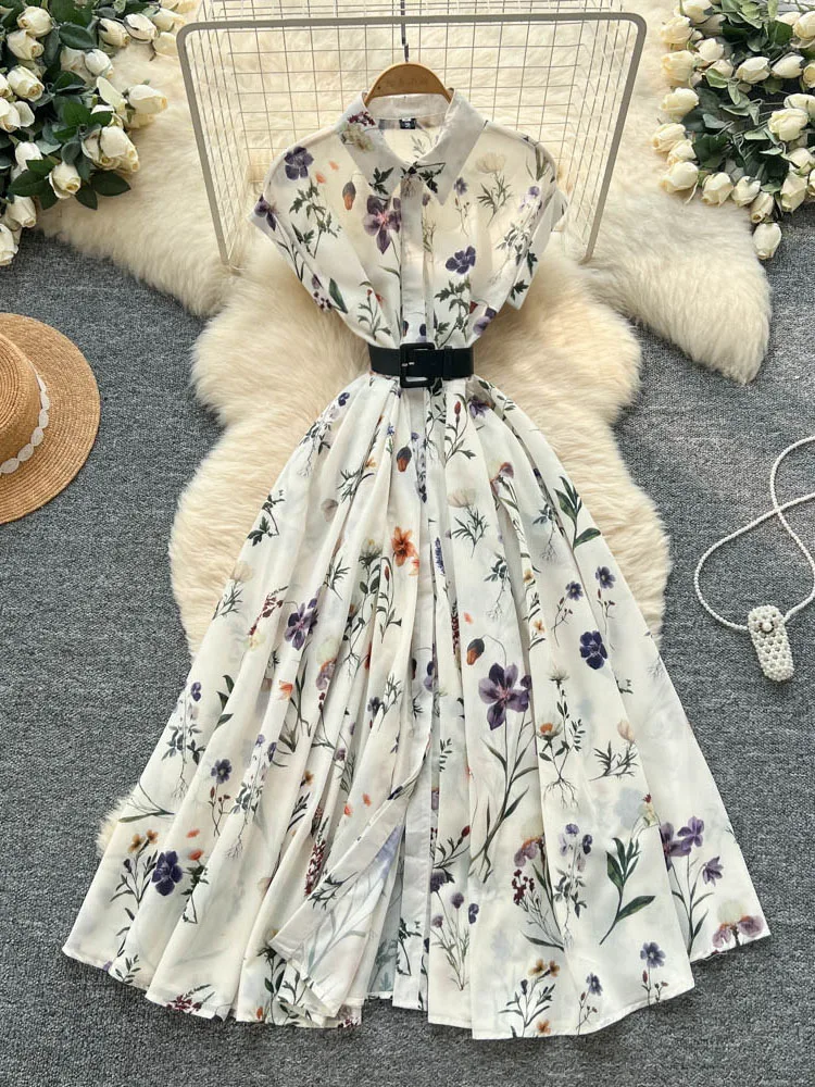 Summer French Retro Elegant Dress for Women New Elegant Belt Waist Collection Polo Collar Short Sleeve Printed Long Dress S453