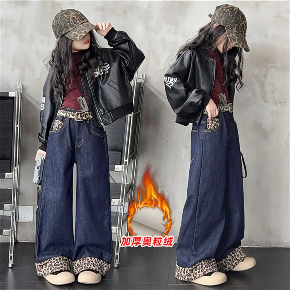 

NYH222 Korean Fashionable Leopard Print Jeans Winter Warm Thick Girls' Jeans Children's Wide Leg Pants Kid Pants