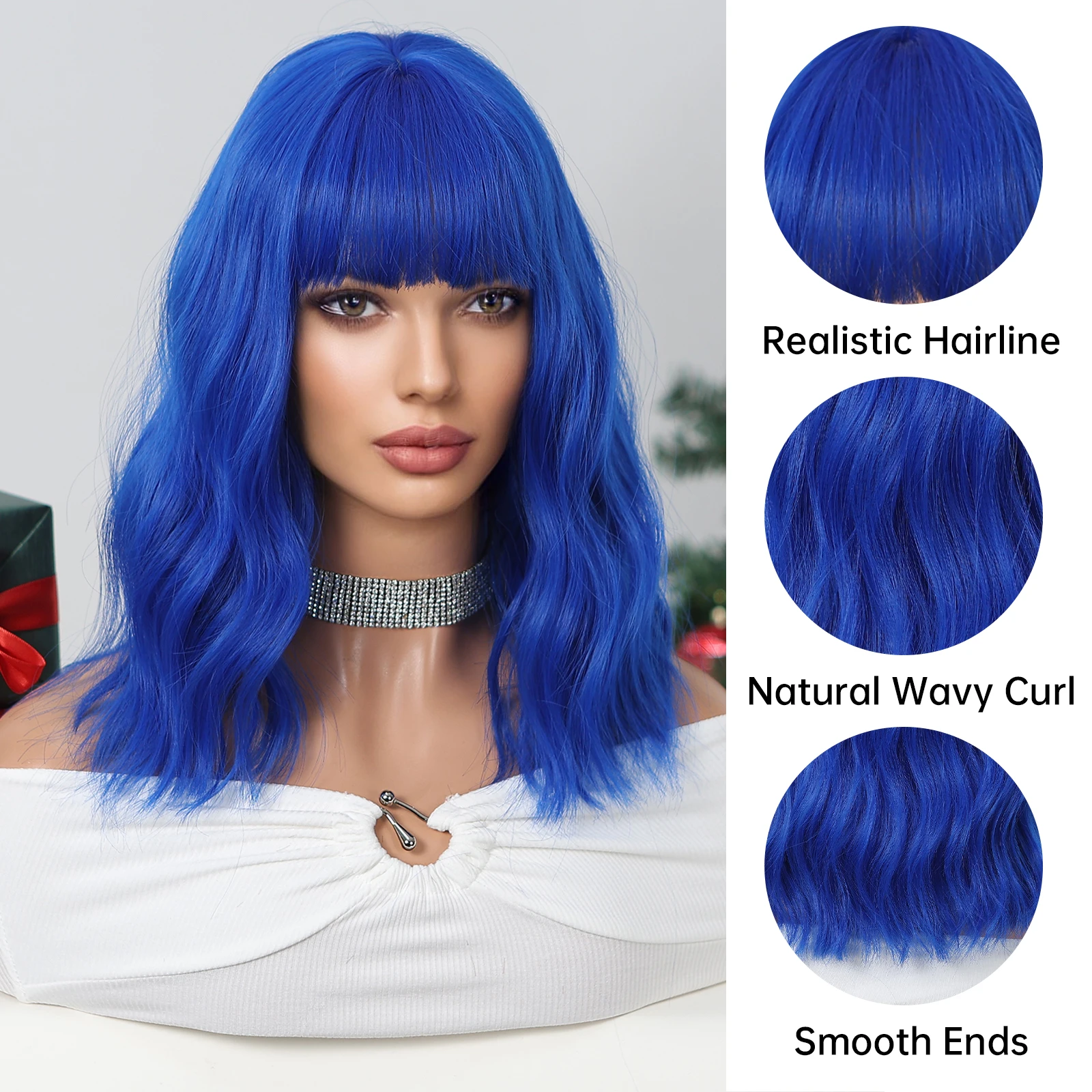 Short Blue Cosplay Wig With Bangs Royal Blue Bob Synthetic Wig for Women Short Wavy Curly Wig For Christmas Party Heat Resistant