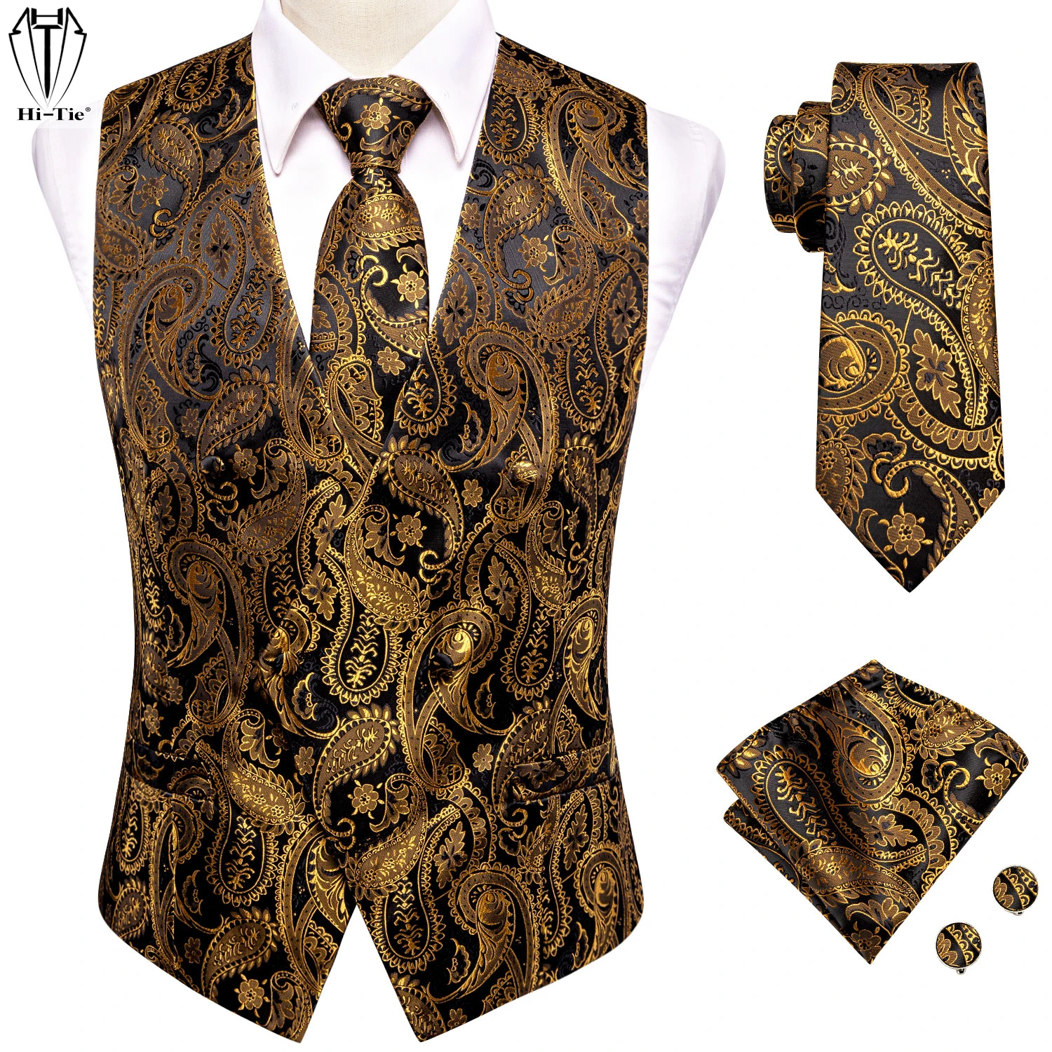 Designer Jacquard Silk Mens Wedding Vest Tie Set Sleeveless Gold Black Western Waistcoat Jacket Necktie Pocket Square Cufflinks