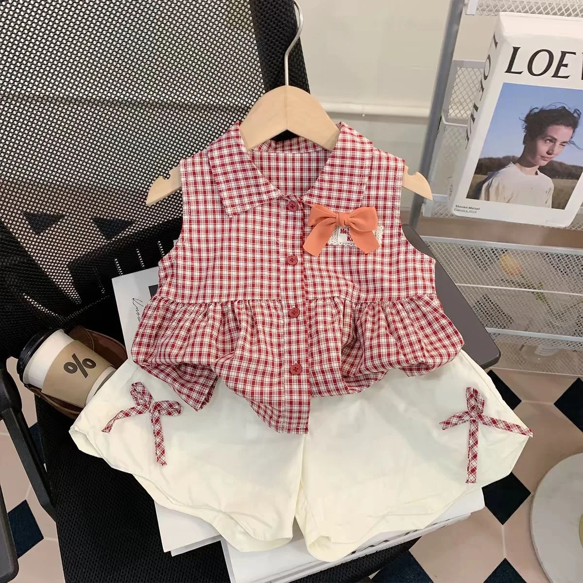 Girls Clothing 2026 Summer New Item Girls Treasure Sleeveless Plaid Shirt with Bow Shorts Two Piece Set Fashionable