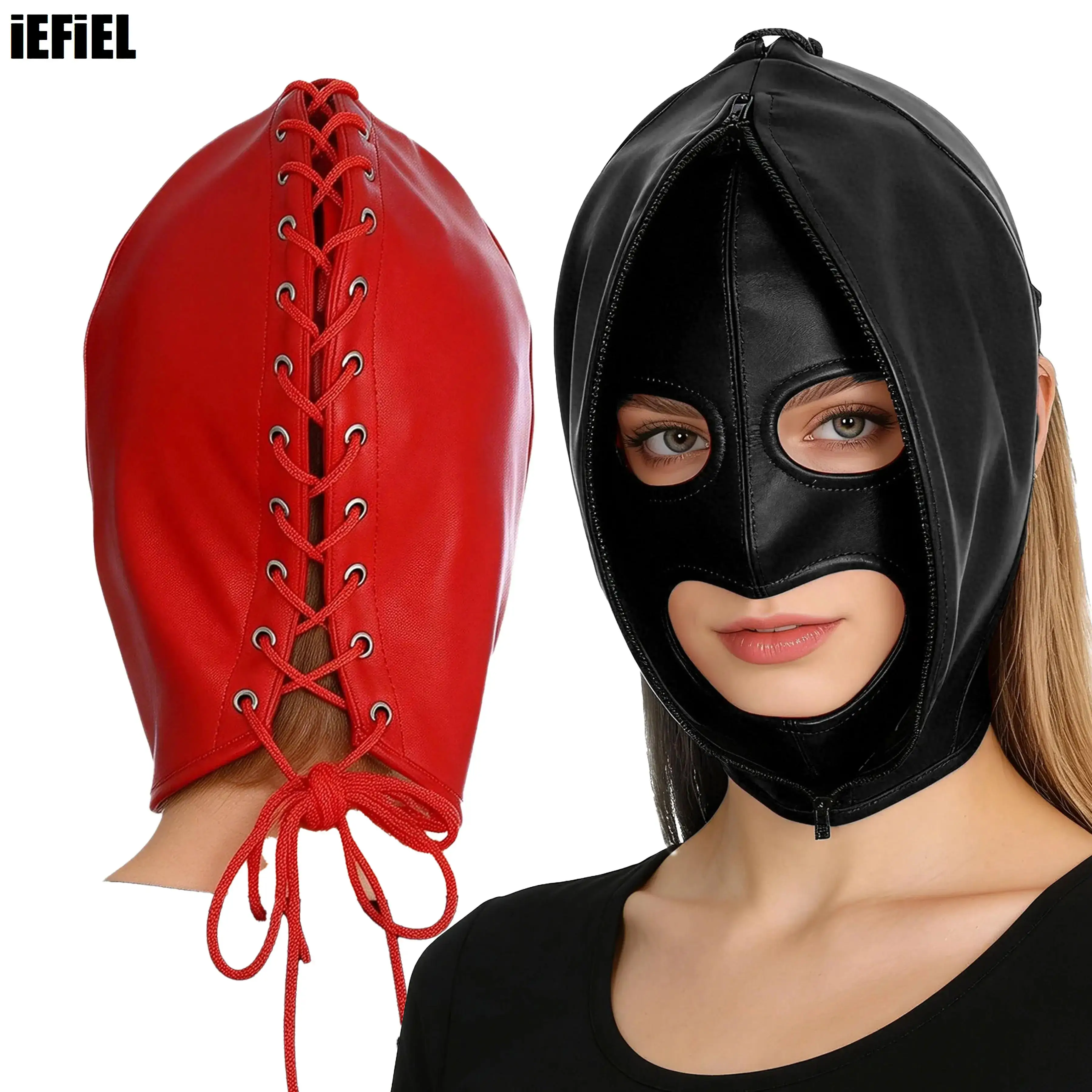 

Кожаная маска-хамелеон на все лицо с двойным кожаным капюшоном, регулируемая на шнуровке, для косплея, вечеринок, костюмированных игр для пар, фэнтези-аксессуар
