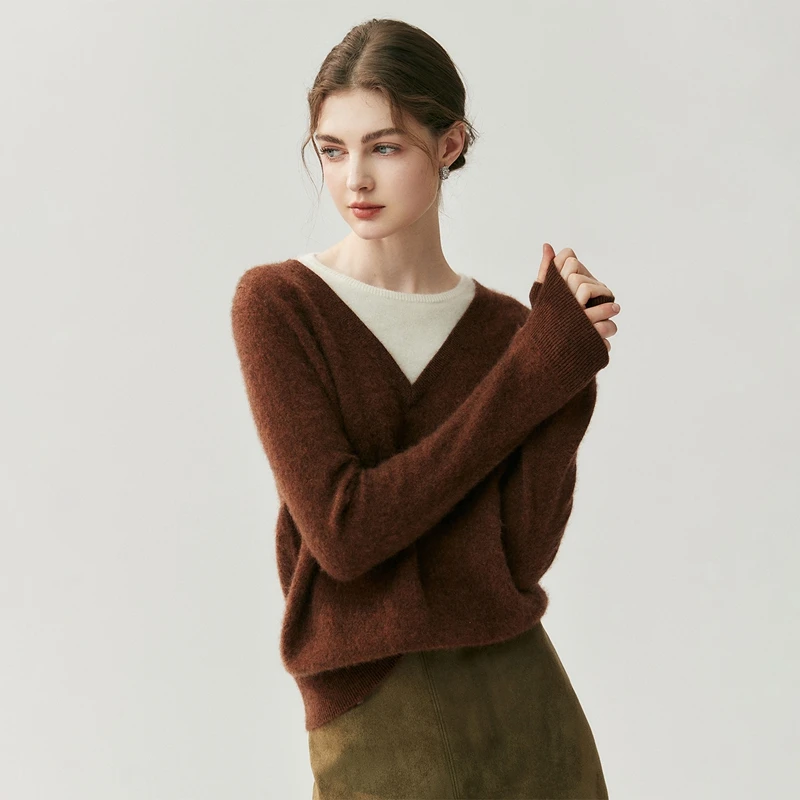 Damen-Pullover aus 100 % Kaschmir, rund, V-Ausschnitt, gefälschter zweiteiliger Farbblock-Pullover, Basic, weiche Kaschmir-Strickwaren, Herbst-Winter-Top